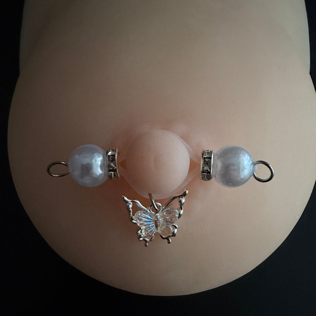 White Butterfly Round Non Piercing Nipple Rings