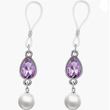 Silver Purple Teardrop Rhinestone Pearl No‑Pierce Nipple Rings