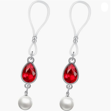 Silver Red Teardrop Rhinestone Pearl No‑Pierce Nipple Rings