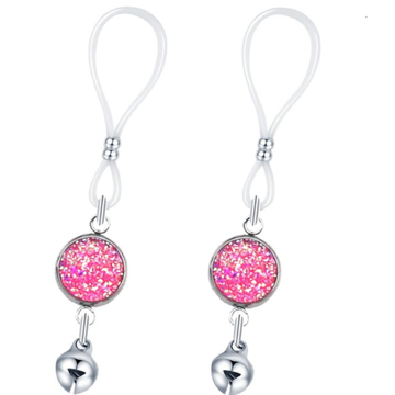 Silver Pink Glitter Disc Bell No‑Pierce Nipple Rings