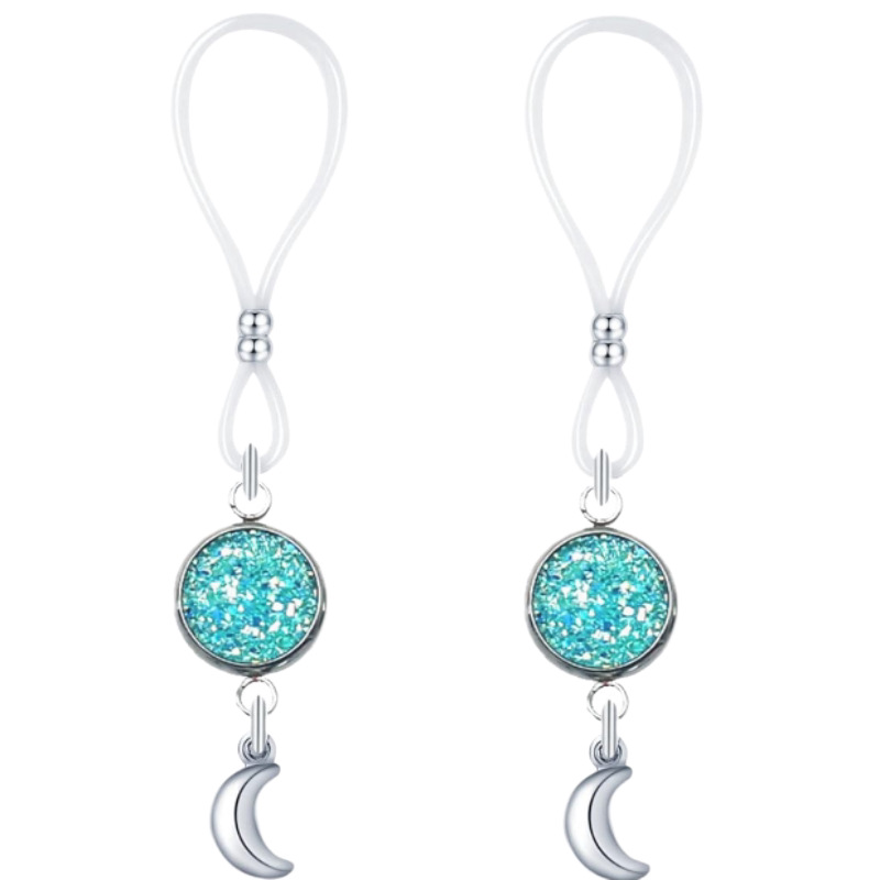 Silver Teal Glitter Disc Moon No‑Pierce Nipple Rings
