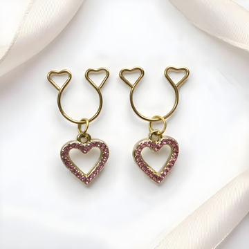 Silver Pink Hollow Heart Rhinestone No‑Pierce Nipple Rings
