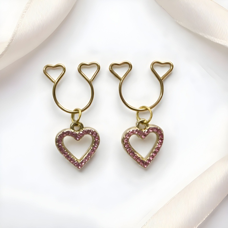 Silver Pink Hollow Heart Rhinestone No‑Pierce Nipple Rings