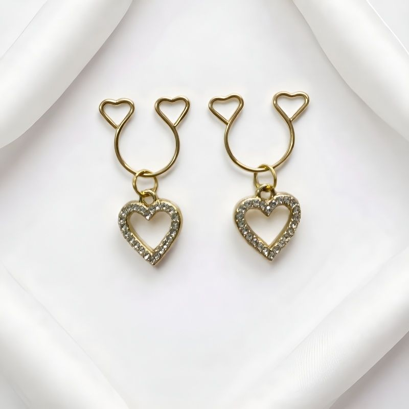 Silver Clear Hollow Heart Rhinestone No‑Pierce Nipple Rings