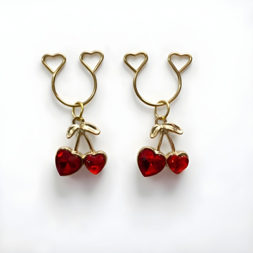 Gold Red Cherry Heart Rhinestone No‑Pierce Nipple Rings