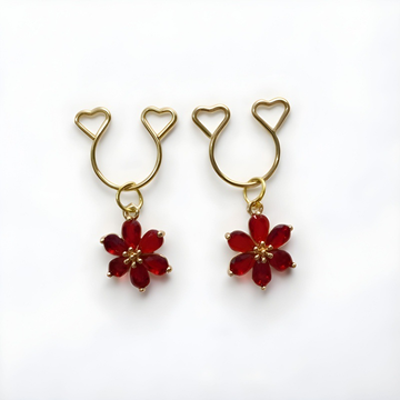 Gold Red Flower Rhinestone No‑Pierce Nipple Rings