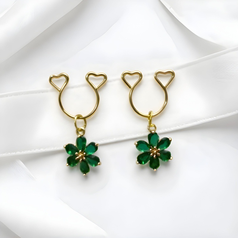 Gold Green Flower Rhinestone No‑Pierce Nipple Rings