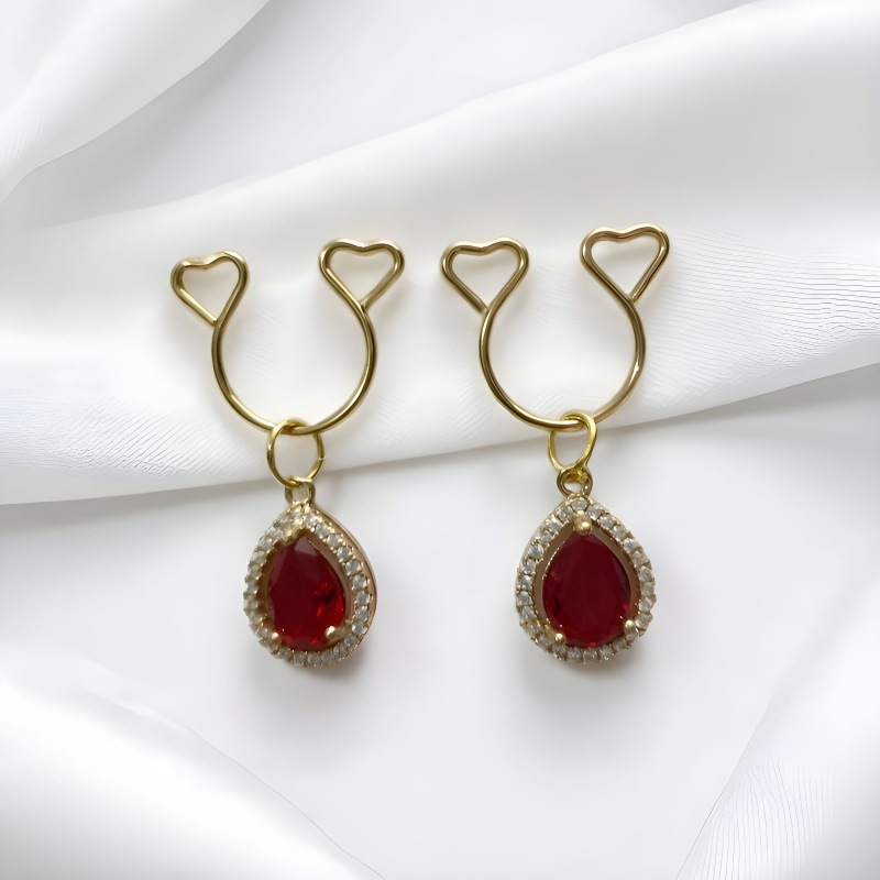 Gold Red Teardrop Halo Rhinestone No‑Pierce Nipple Rings