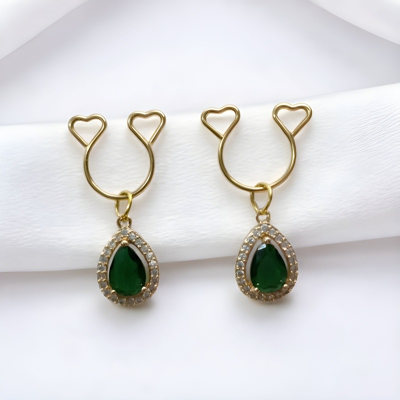 Gold Green Teardrop Halo Rhinestone No‑Pierce Nipple Rings