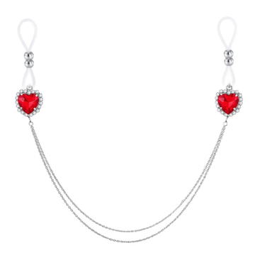 Silver Red Heart Rhinestone Chain No‑Pierce Nipple Rings