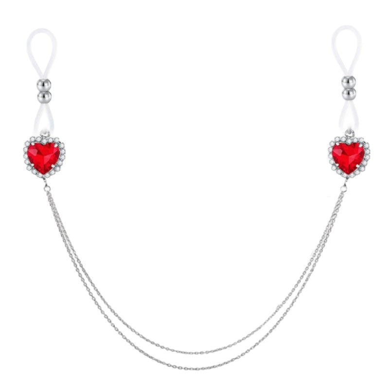 Silver Red Heart Rhinestone Chain No‑Pierce Nipple Rings