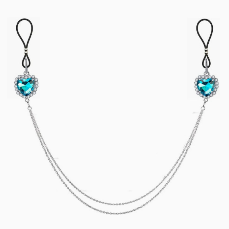 Silver Blue Heart Rhinestone Chain No‑Pierce Nipple Rings
