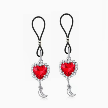 Silver Red Heart Halo Moon No-Pierce Nipple Rings