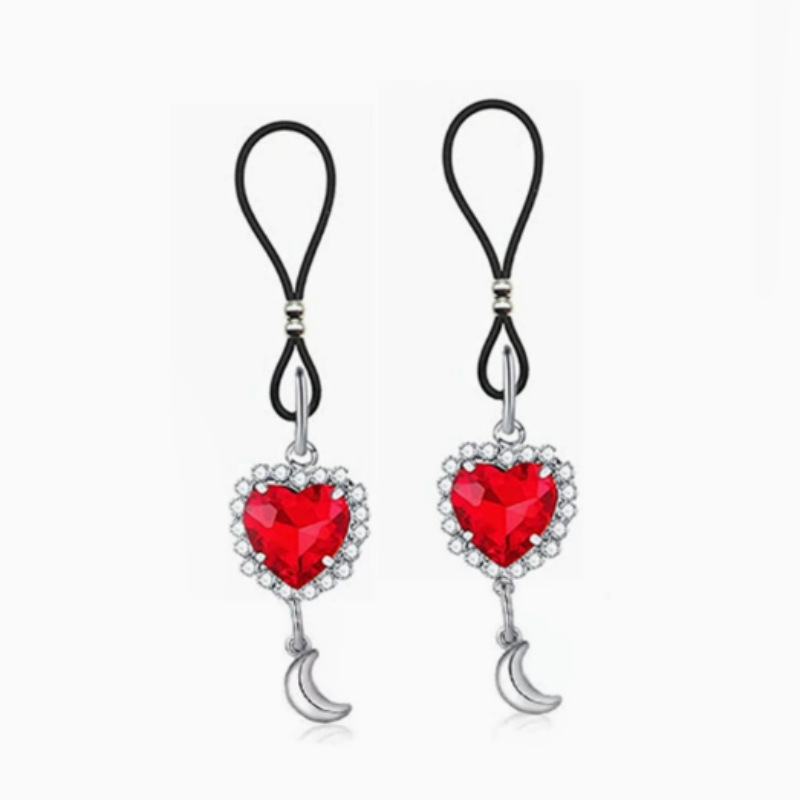 Silver Red Heart Halo Moon No-Pierce Nipple Rings