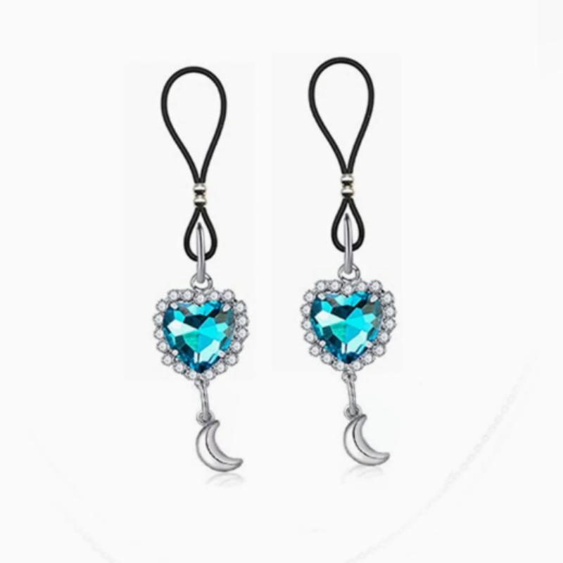 Silver Blue Heart Halo Moon No-Pierce Nipple Rings