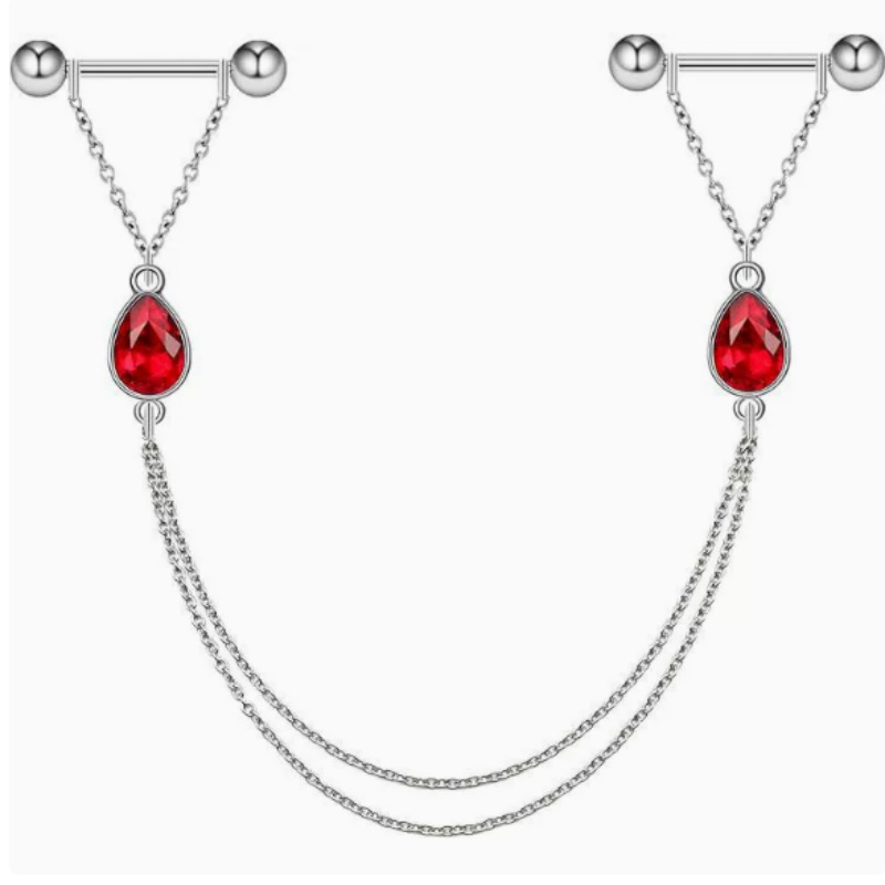 Silver Red Teardrop Double Chain No‑Pierce Nipple Rings