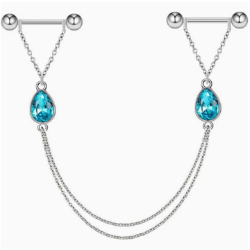 Silver Blue Teardrop Double Chain No‑Pierce Nipple Rings