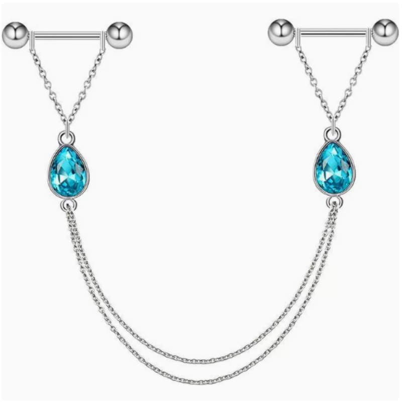 Silver Blue Teardrop Double Chain No‑Pierce Nipple Rings