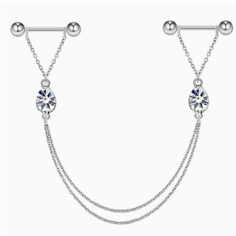 Silver Clear Teardrop Double Chain No‑Pierce Nipple Rings